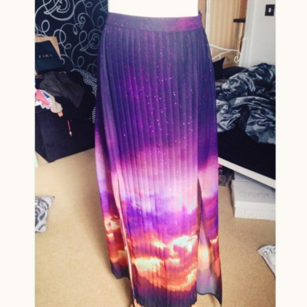 ISO Primark Purple Orange Galaxy Sunset Double Slit Maxi Skirt